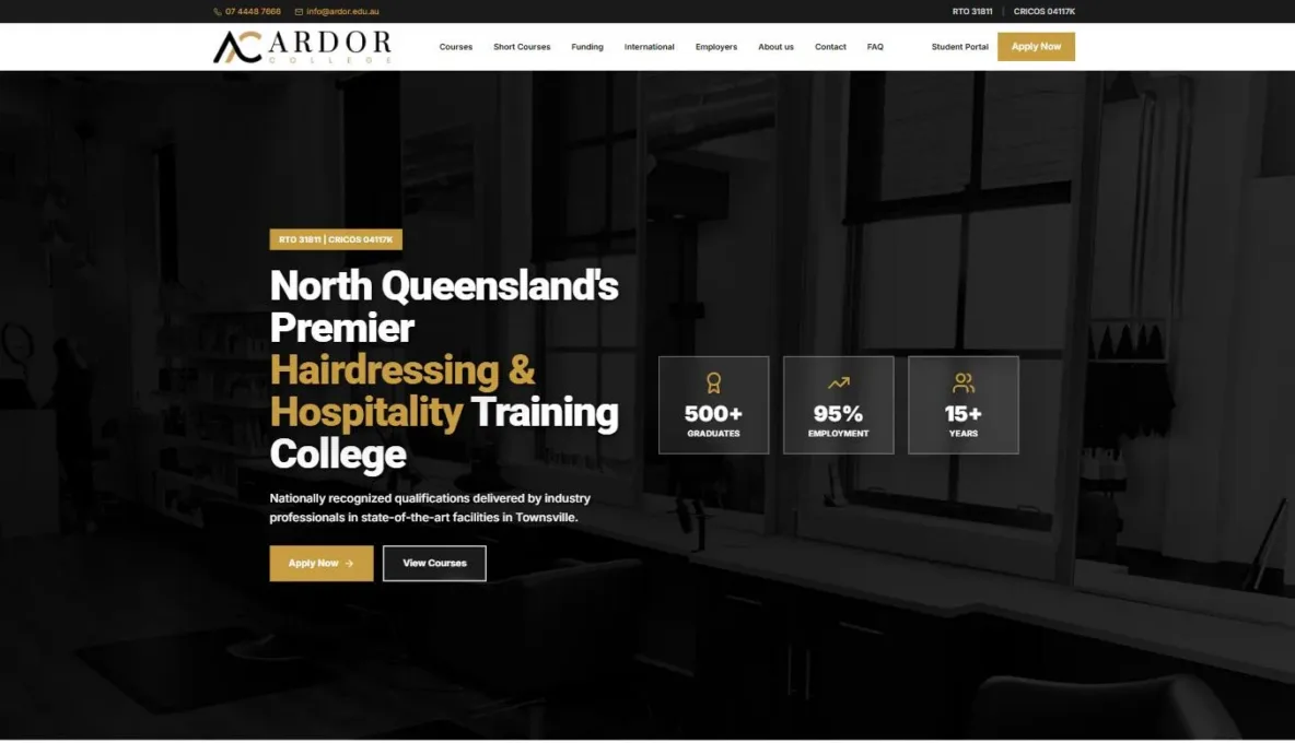 Screenshot of the Ardor College website, designed and built by Synex Studio