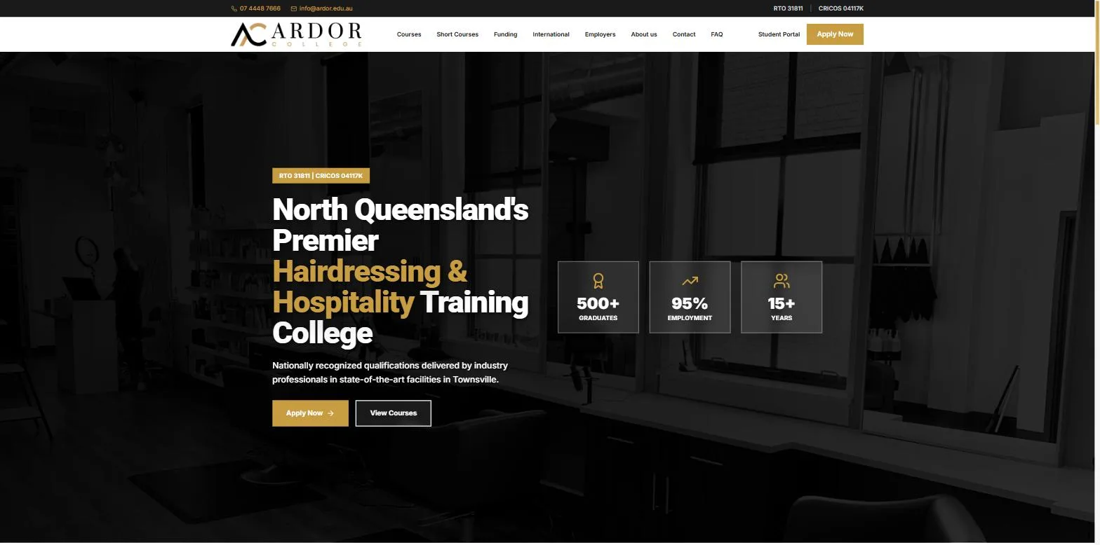 Screenshot of the Ardor College website, designed and built by Synex Studio