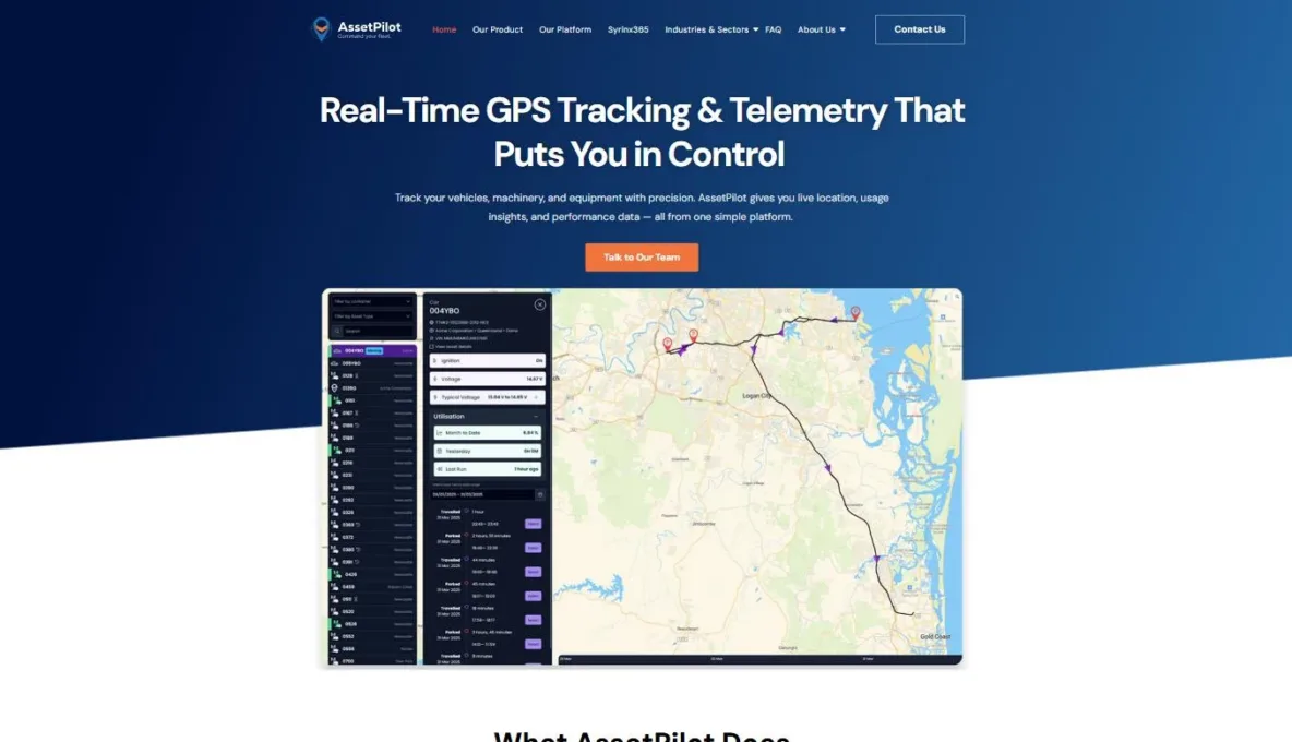 Screenshot of the AssetPilot website, designed and built by Synex Studio
