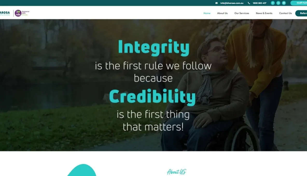 Screenshot of the Bharosa Community Services website, designed and built by Synex Studio