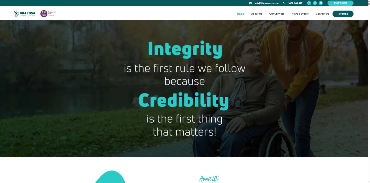 Screenshot of the Bharosa Community Services website, designed and built by Synex Studio