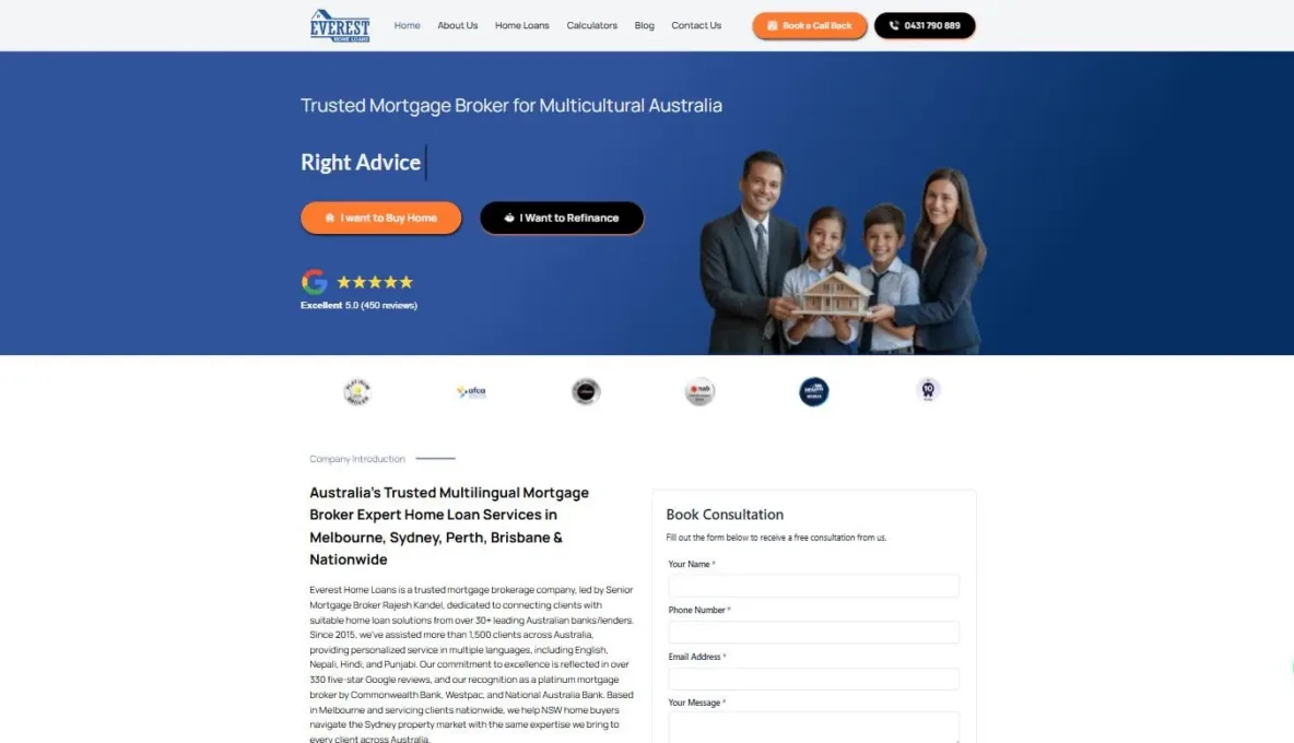 Screenshot of the Everest Home Loans website, designed and built by Synex Studio