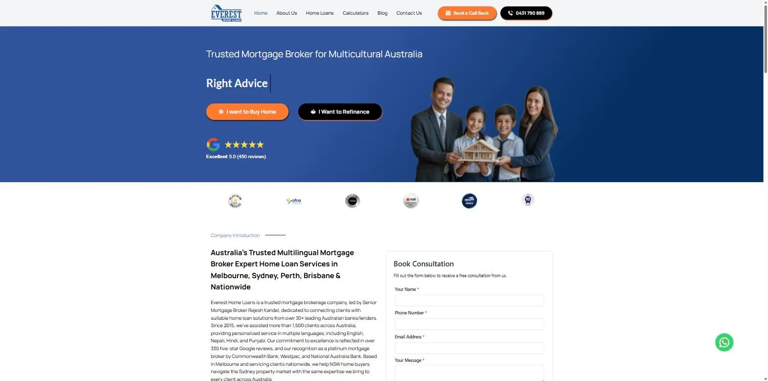 Screenshot of the Everest Home Loans website, designed and built by Synex Studio