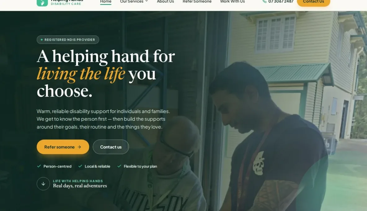 Screenshot of the Helping Hands Disability Care website, designed and built by Synex Studio