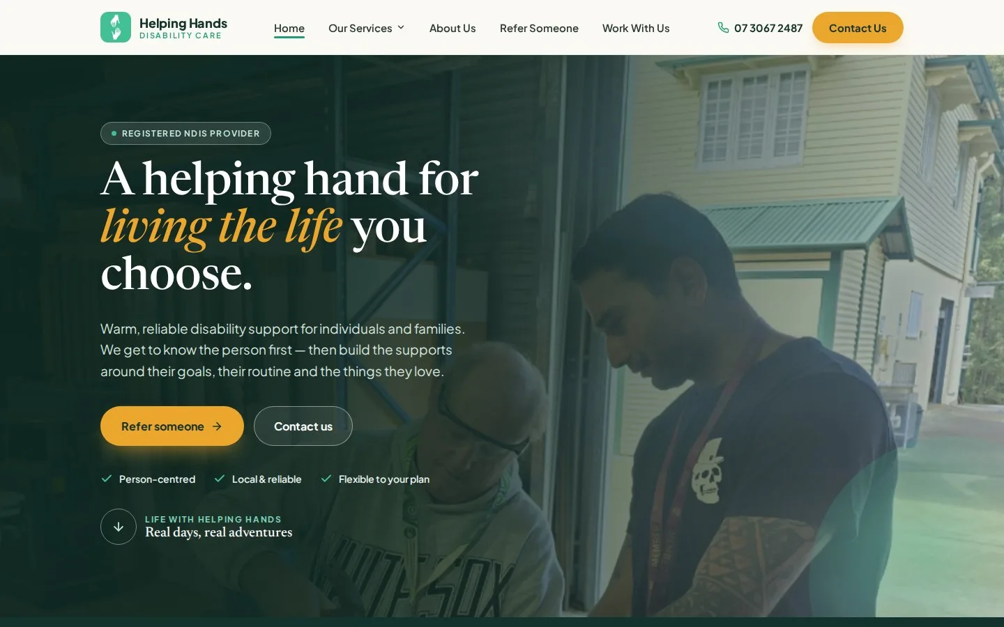 Screenshot of the Helping Hands Disability Care website, designed and built by Synex Studio