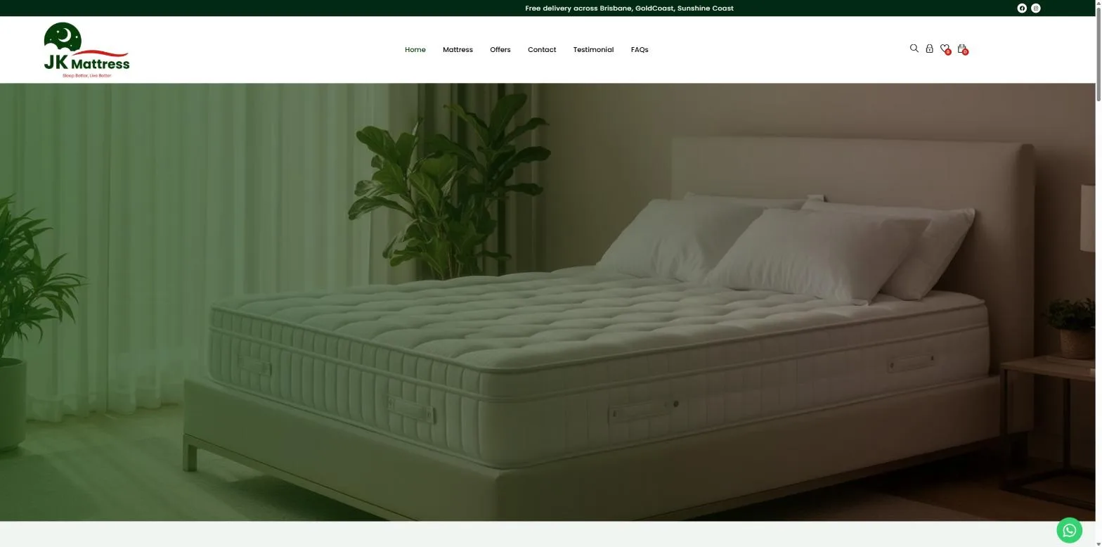 Screenshot of the JK Mattress website, designed and built by Synex Studio