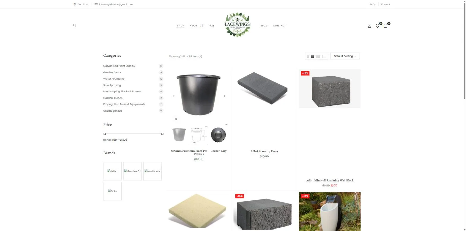 Screenshot of the Lacewings Nursery & Landscaping Supplies website, designed and built by Synex Studio