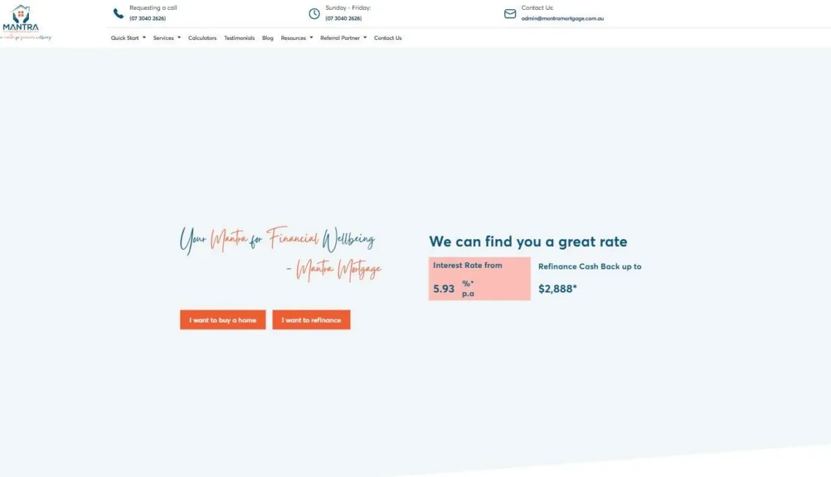Screenshot of the Mantra Mortgage website, designed and built by Synex Studio