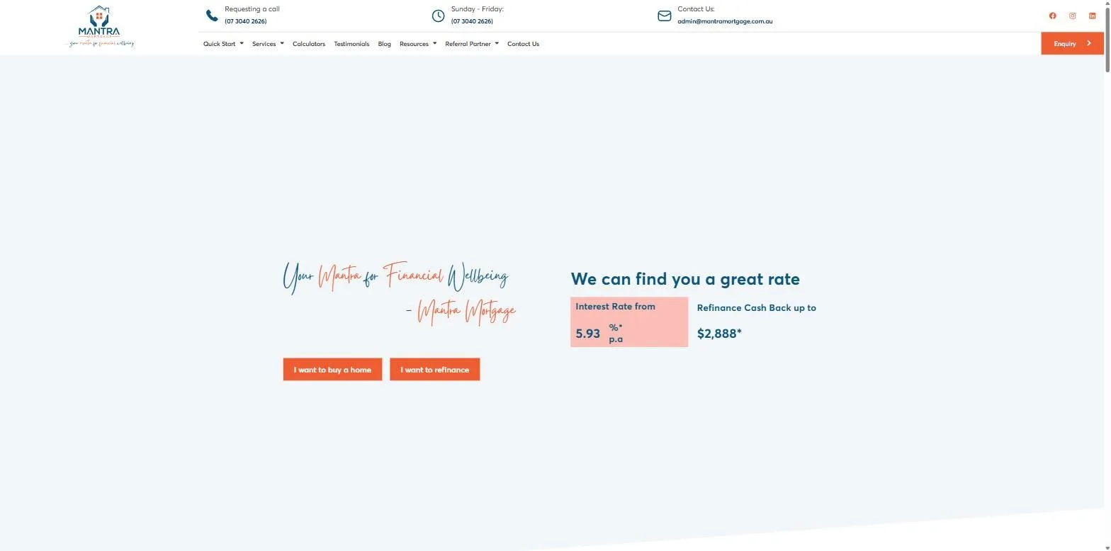 Screenshot of the Mantra Mortgage website, designed and built by Synex Studio