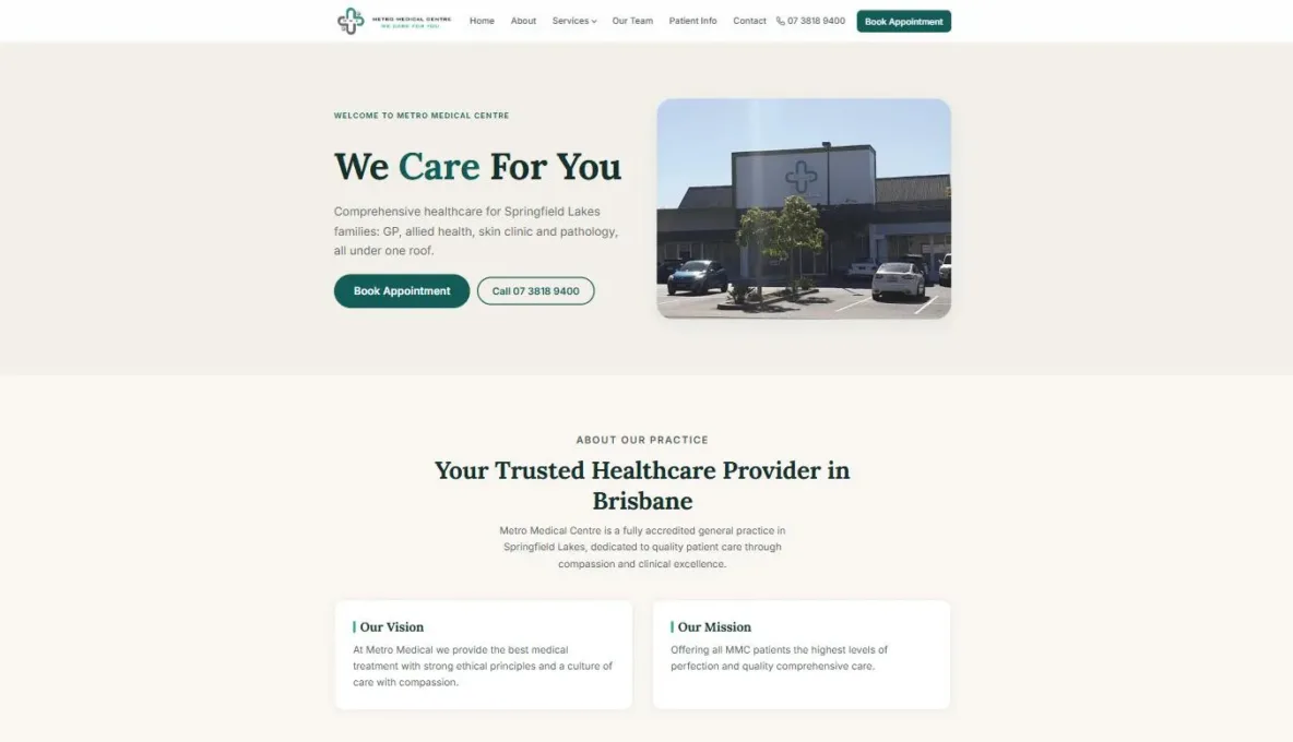 Screenshot of the Metro Medical Centre website, designed and built by Synex Studio