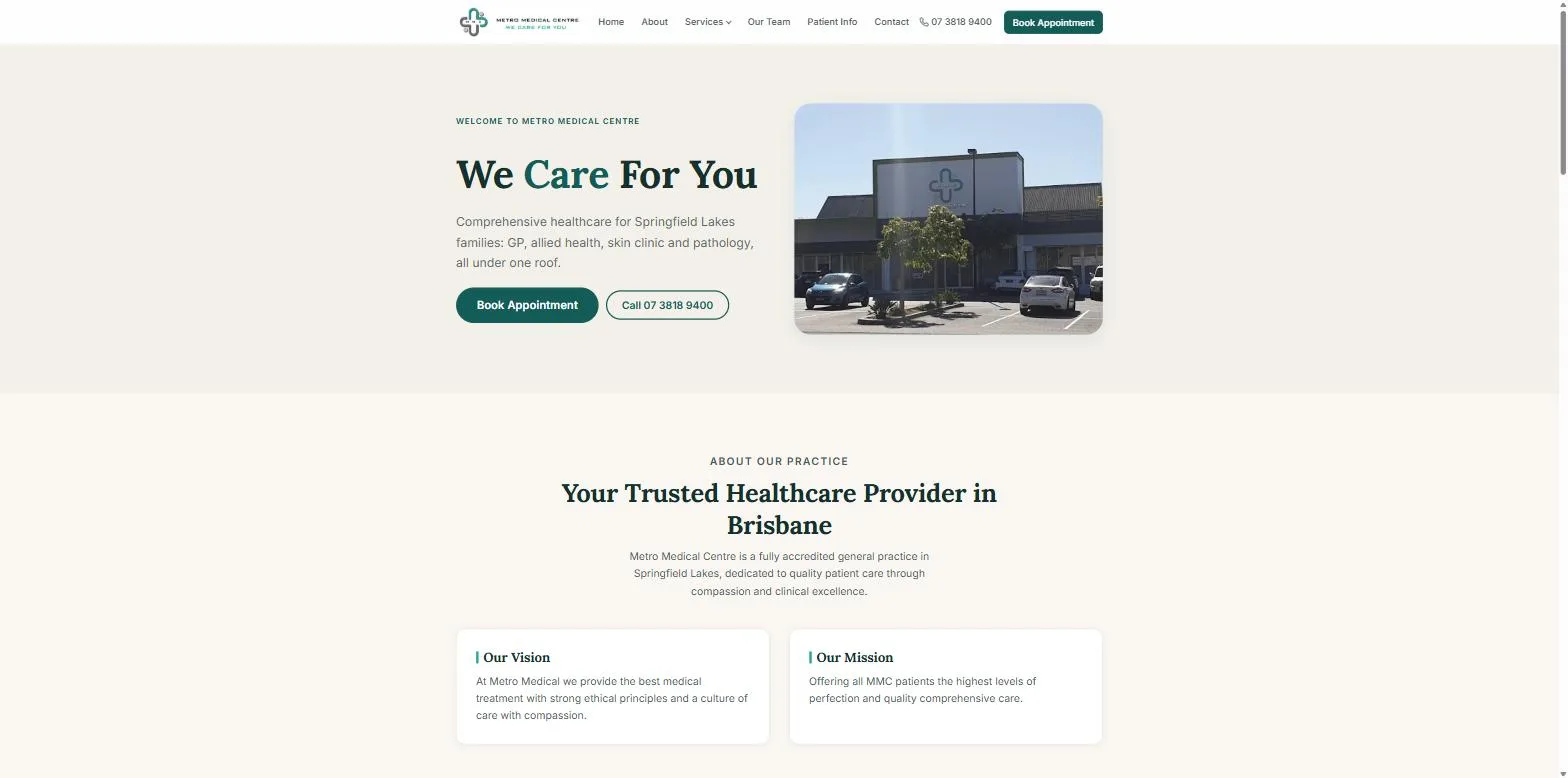 Screenshot of the Metro Medical Centre website, designed and built by Synex Studio