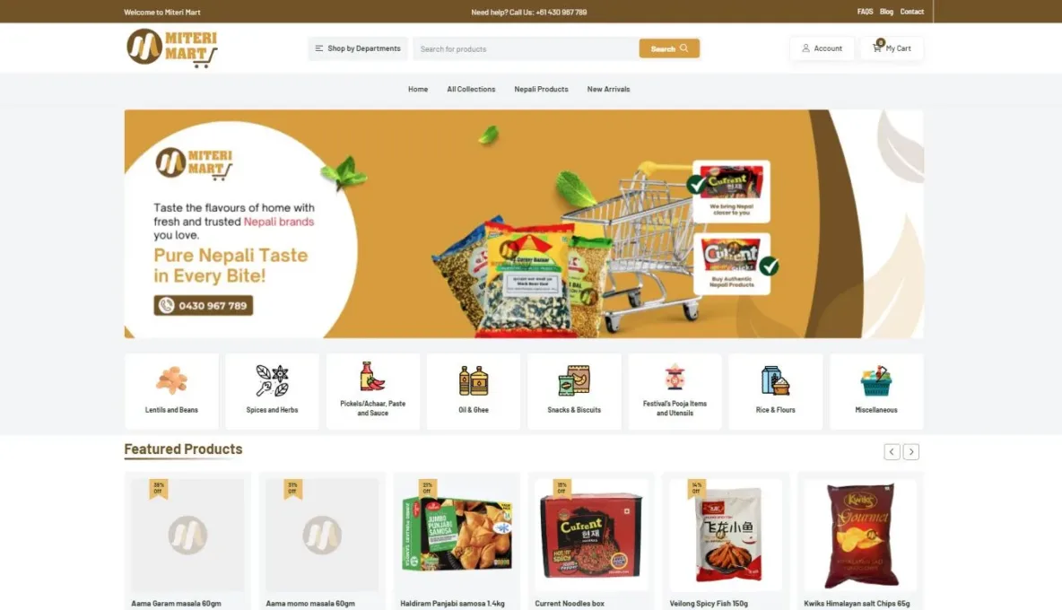 Screenshot of the Miteri Mart website, designed and built by Synex Studio