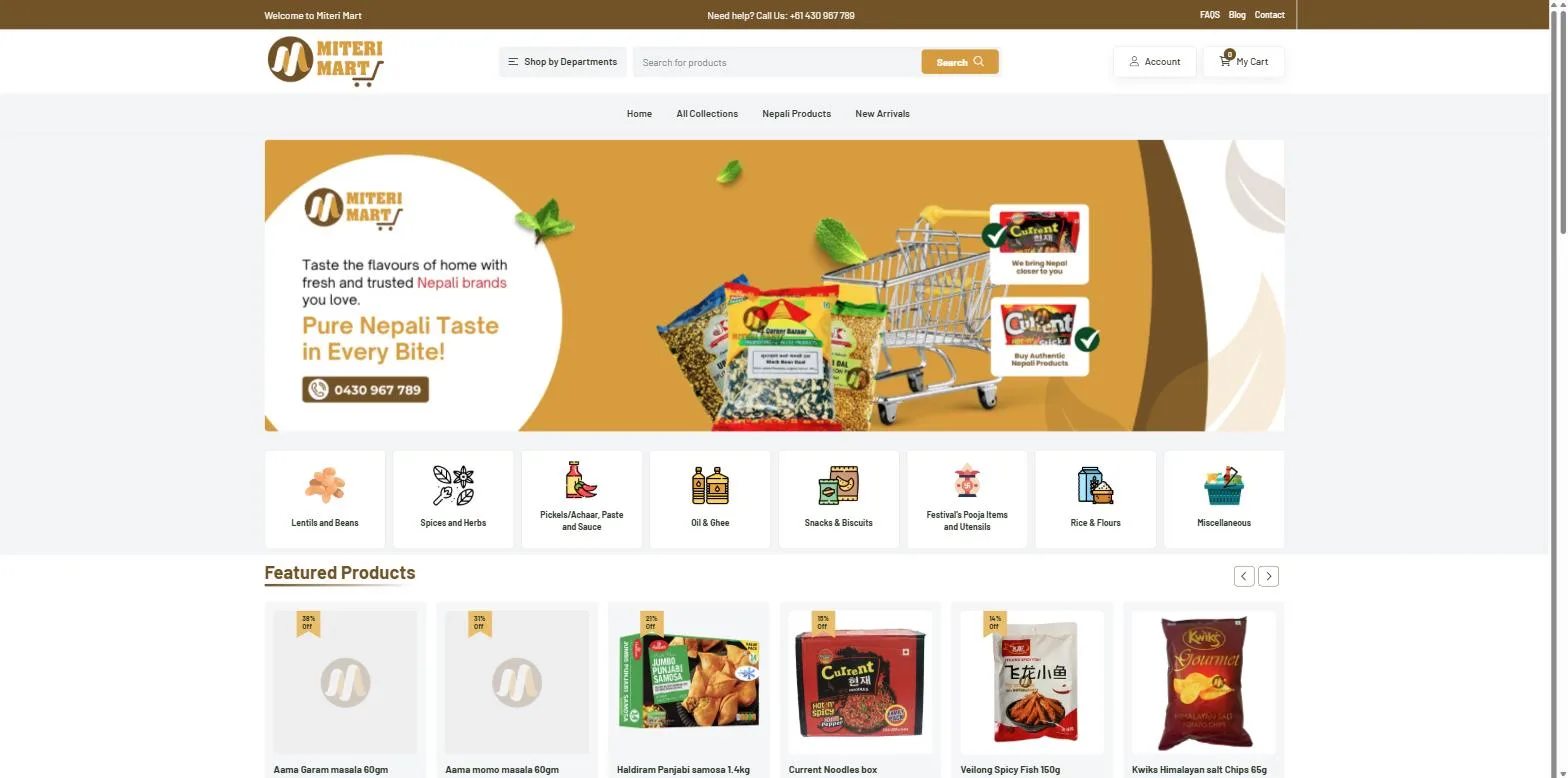 Screenshot of the Miteri Mart website, designed and built by Synex Studio