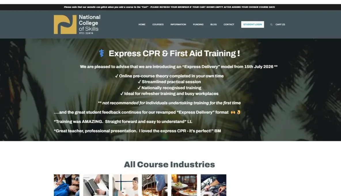 Screenshot of the National College of Skills website, designed and built by Synex Studio