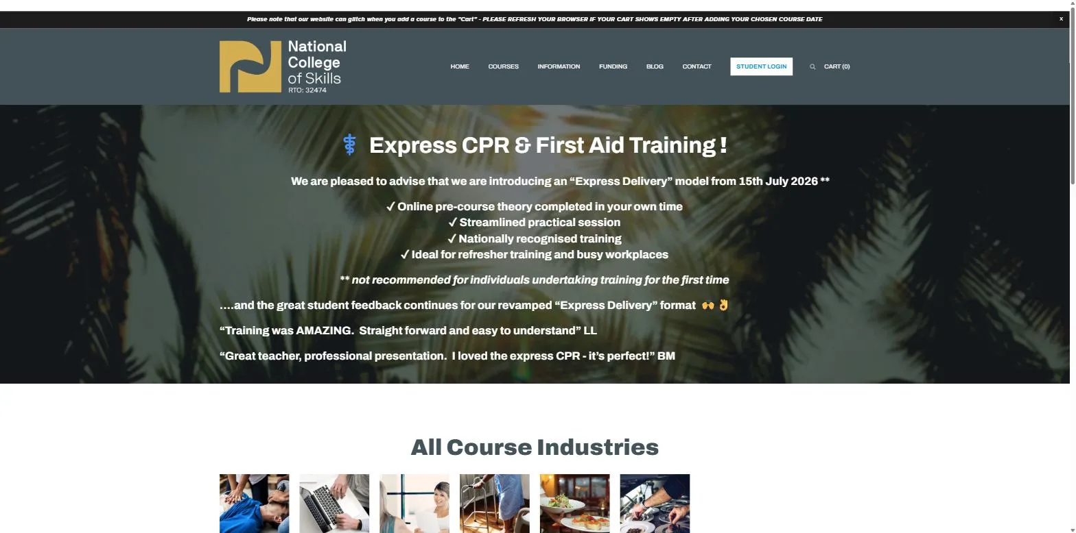 Screenshot of the National College of Skills website, designed and built by Synex Studio