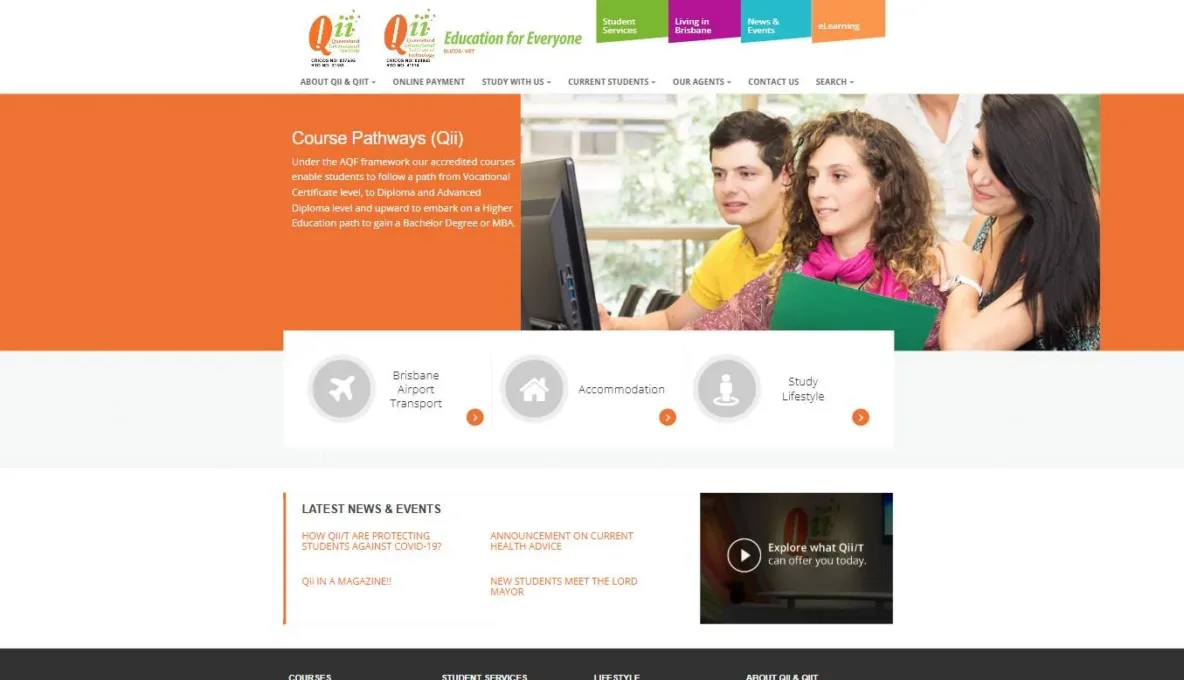 Screenshot of the Queensland International Institute (Qii) website, designed and built by Synex Studio