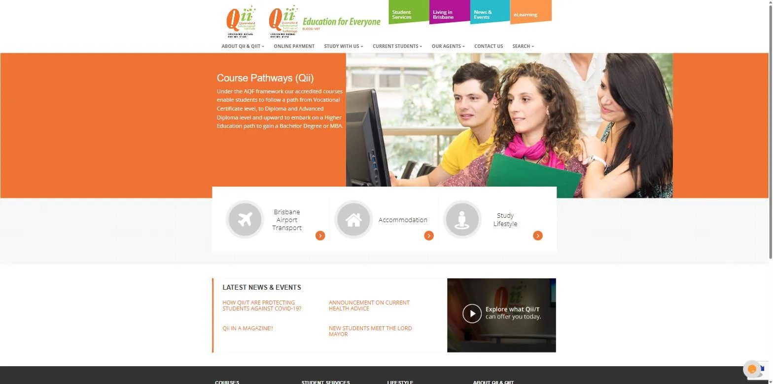 Screenshot of the Queensland International Institute (Qii) website, designed and built by Synex Studio