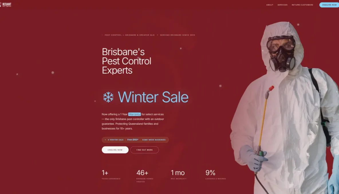 Screenshot of the Red Ant Pest Control website, designed and built by Synex Studio