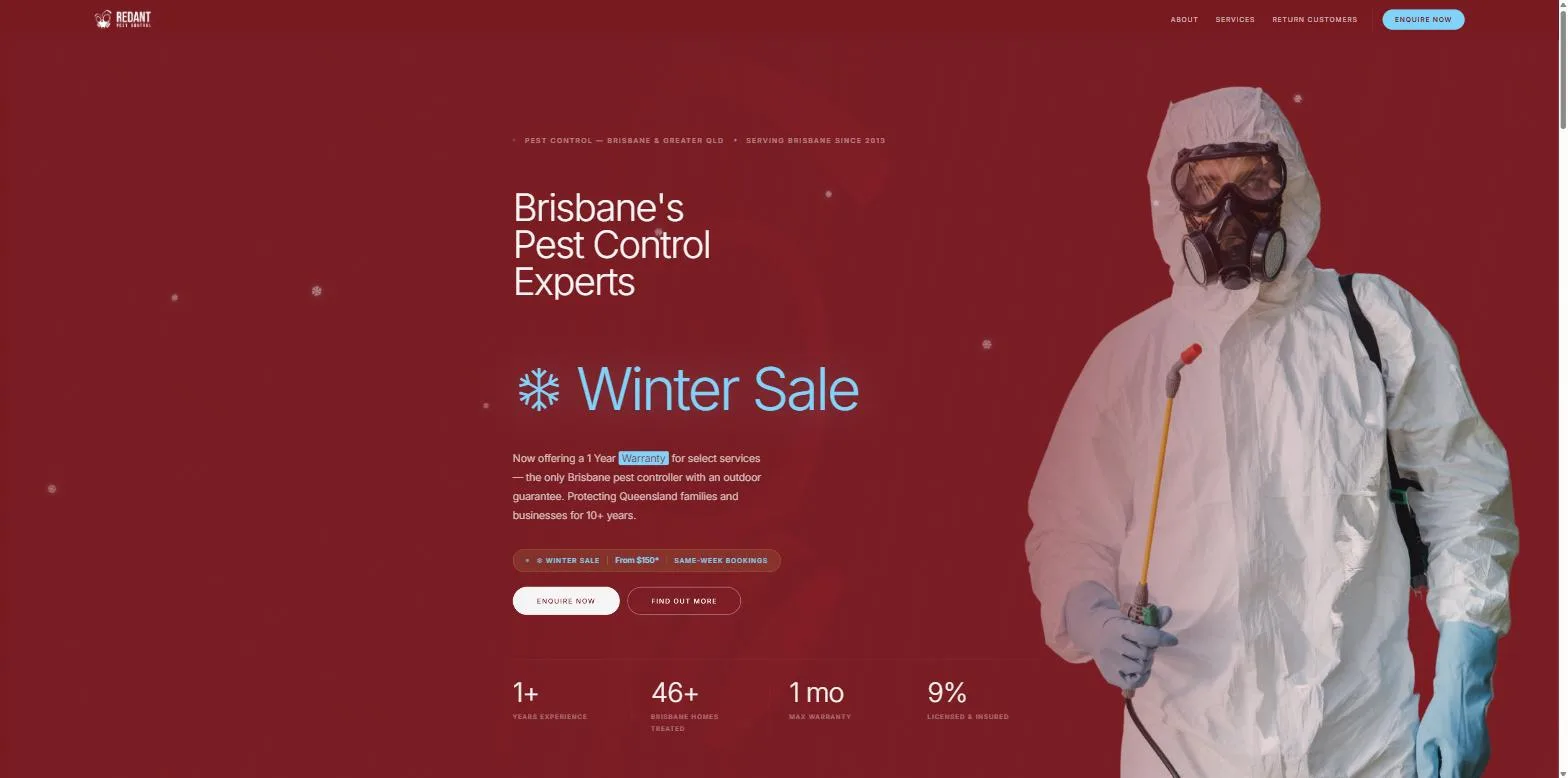 Screenshot of the Red Ant Pest Control website, designed and built by Synex Studio