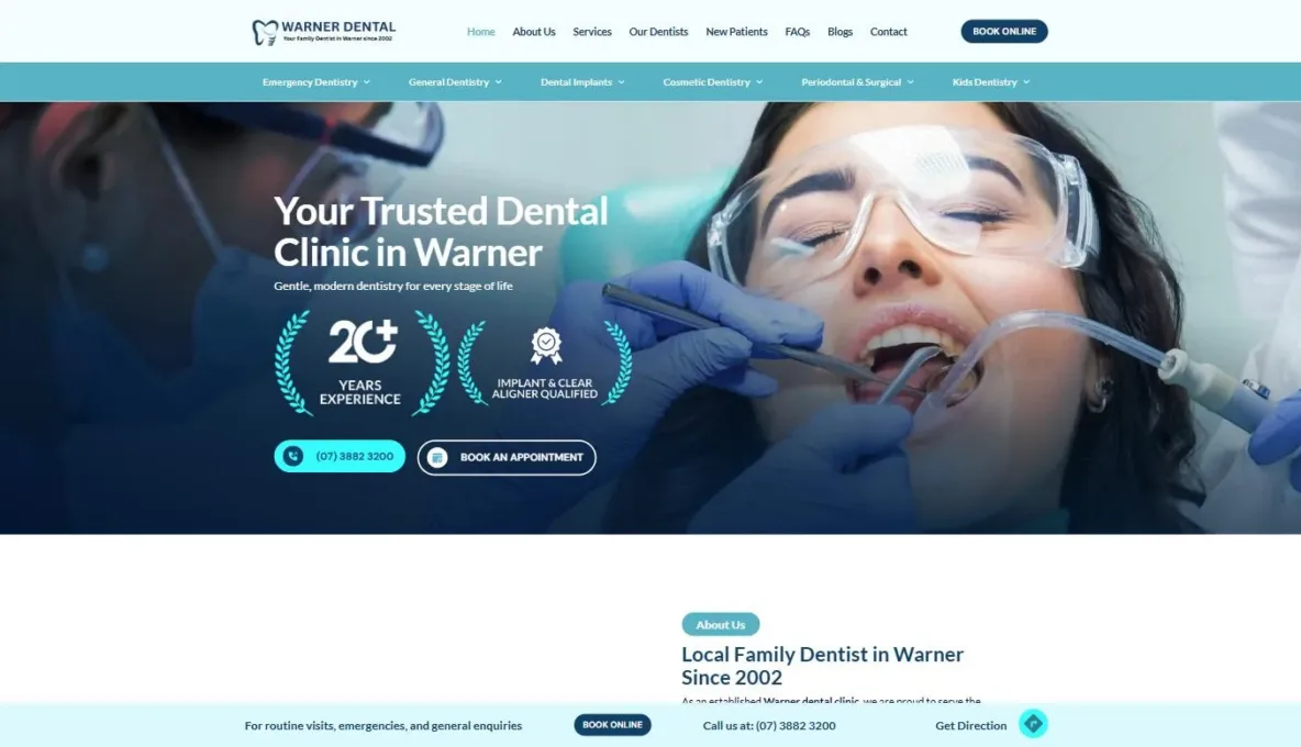 Screenshot of the Warner Dental website, designed and built by Synex Studio