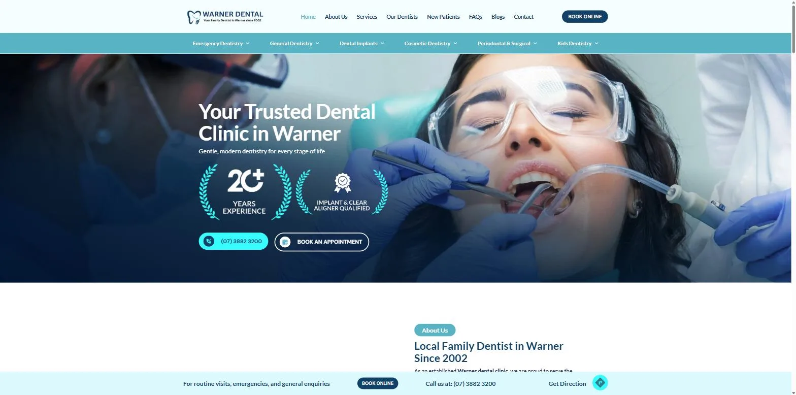 Screenshot of the Warner Dental website, designed and built by Synex Studio