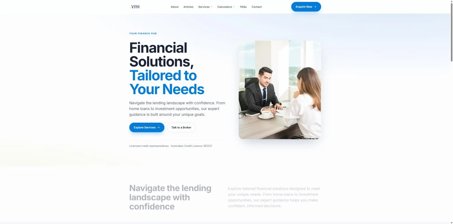 Screenshot of the Your Finance Hub website, designed and built by Synex Studio